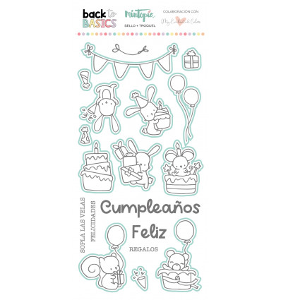 Sello y troquel coordinado Feliz Cumpleaños Back to Basics